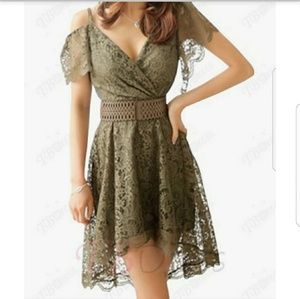 Sleeveless V Neck  High Waist Lace Dress